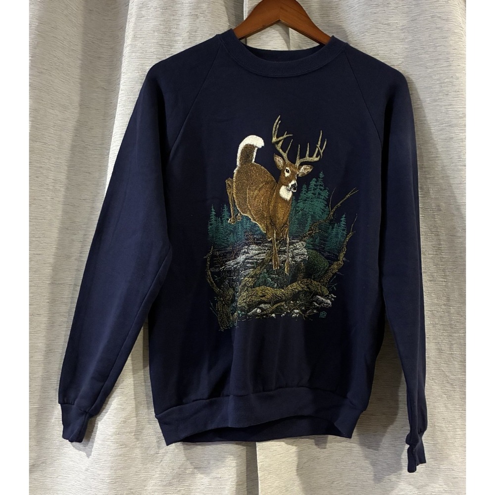 Vintage 90s Whitetail Deer Crewneck Sweatshirt Jerzees Made in USA Blue Large